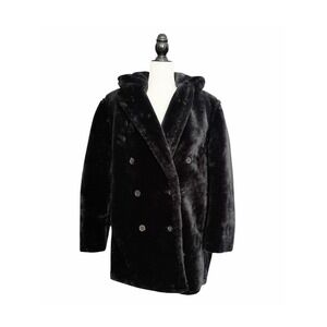 J. Crew Black Faux Fur Double Breasted Pea‎ Coat Women's XL Quiet Luxury NWT
